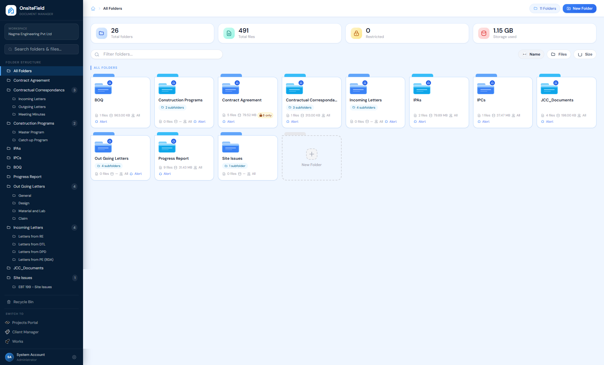 ConstructPro.lk document manager showing folder structure for a construction project